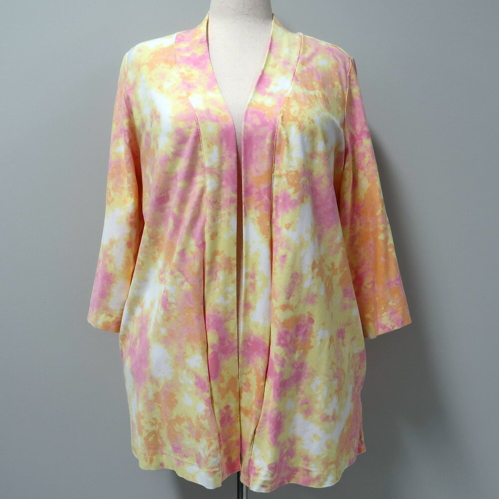 Isaac Mizrahi Tie Dye Printed Knit Cardigan Pink Yellow 1X